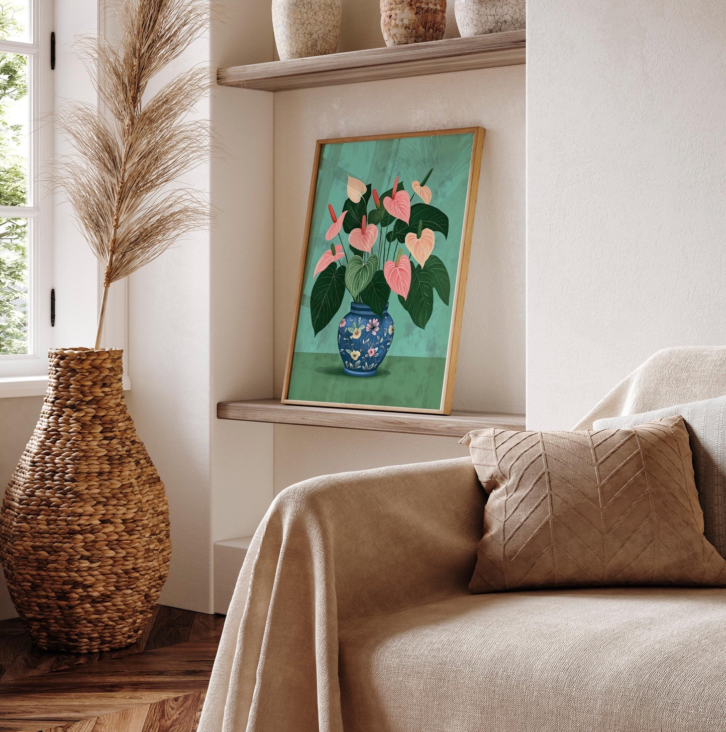 Tropical Flowers Art Print: Sage Green Maximalist Decor