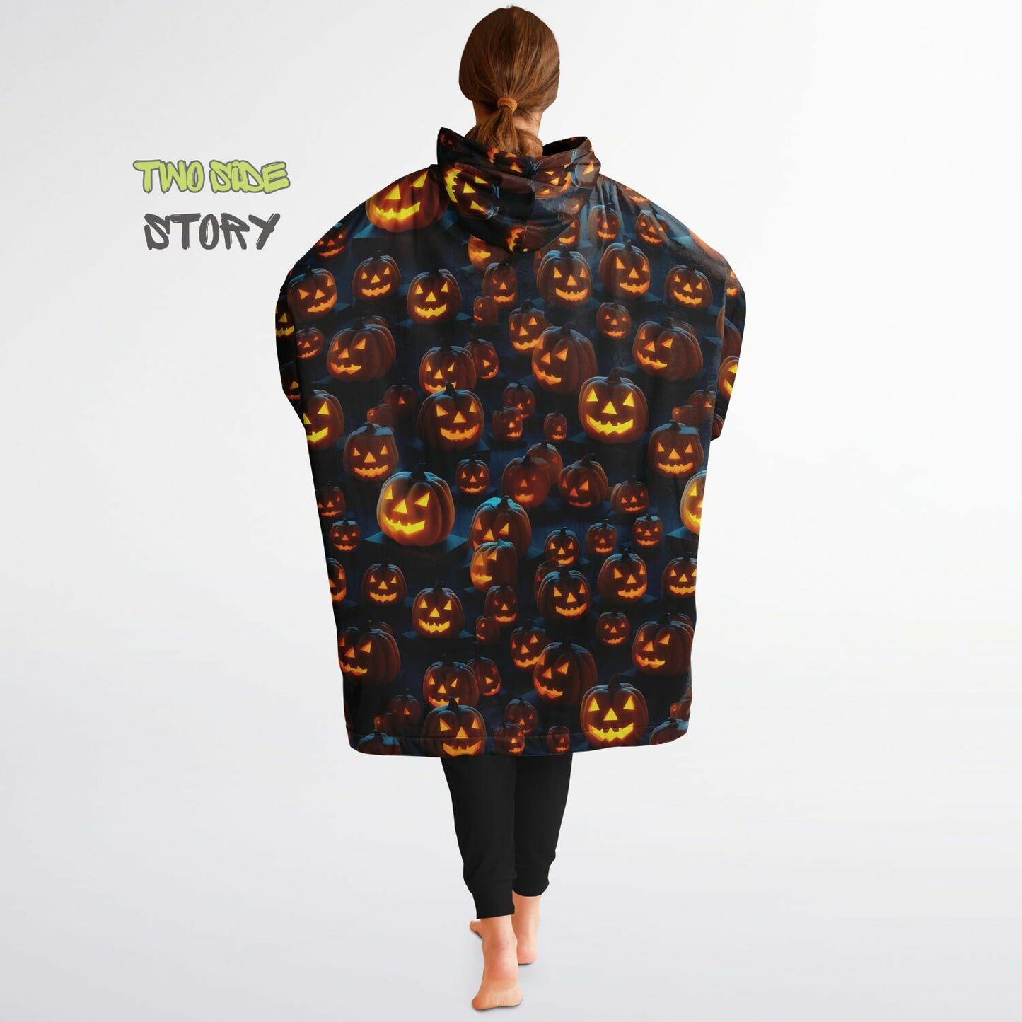 Fun Halloween Glowing Pumpkin Snug Hoodie,Printed Hooded Blanket,Blanket Sleeves,Lounge Wear,Novelty Birthday Christmas Gifts for Him or Her
