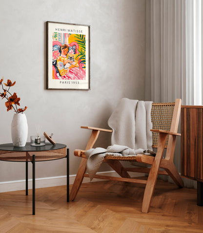 Woman holding a cat, Pink Matisse wall art, Dopamine decor, Mid century decor, Pink tropical art