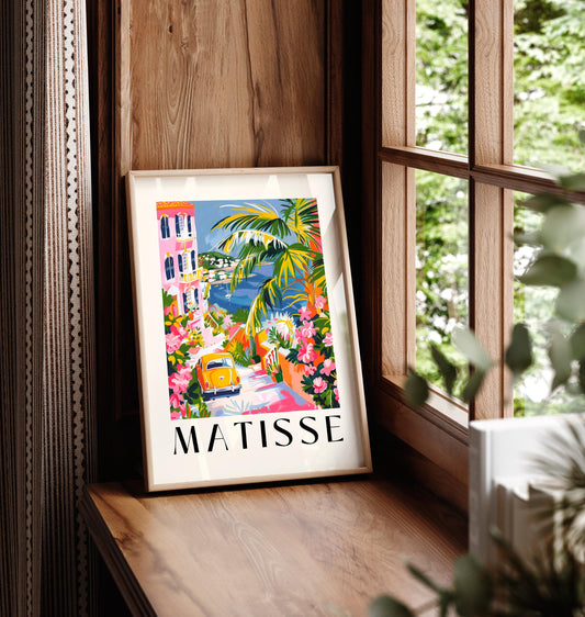 Matisse print, Coastal town poster, Pink beachy decor, Summer vibes, Vintage car wall art