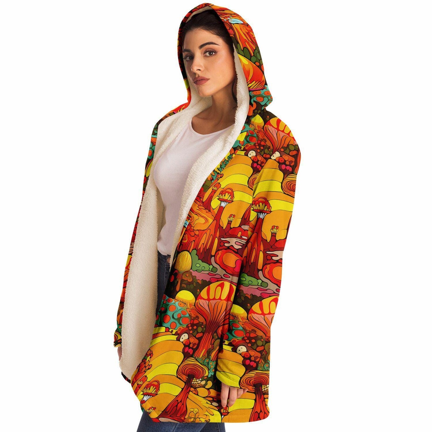 Vivid Colors Micro-fleece Psychedelic Mushrooms Hooded Cloak, Festival Rave Party Wear, EDM Festival Cape, Psychedelic Cape, Men's Rave Cape