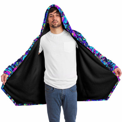 Micro-fleece Neon Skulls Hooded Cloak, Festival Rave Party Wear,Halloween Cape, Vivid Colors EDM Festival Cape, Unique Gifts,Men's Rave Cape