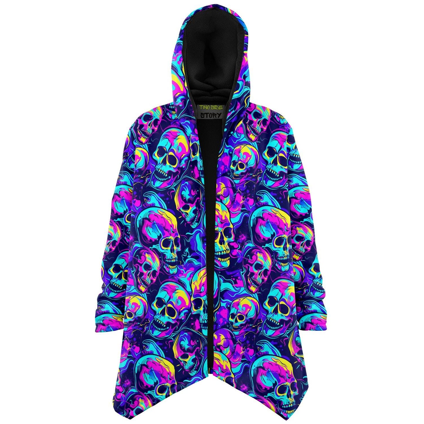 Micro-fleece Neon Skulls Hooded Cloak, Festival Rave Party Wear,Halloween Cape, Vivid Colors EDM Festival Cape, Unique Gifts,Men's Rave Cape