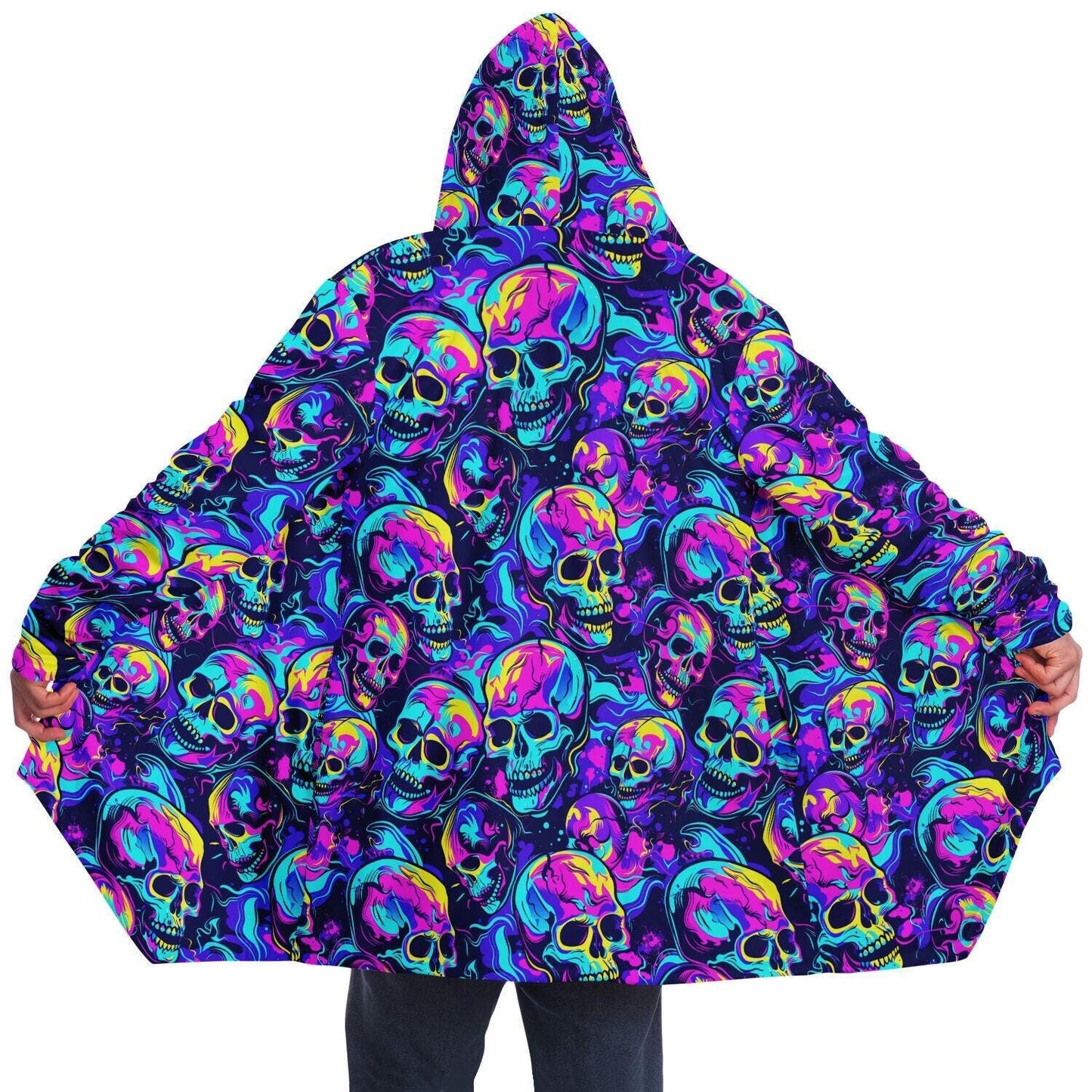Micro-fleece Neon Skulls Hooded Cloak, Festival Rave Party Wear,Halloween Cape, Vivid Colors EDM Festival Cape, Unique Gifts,Men's Rave Cape