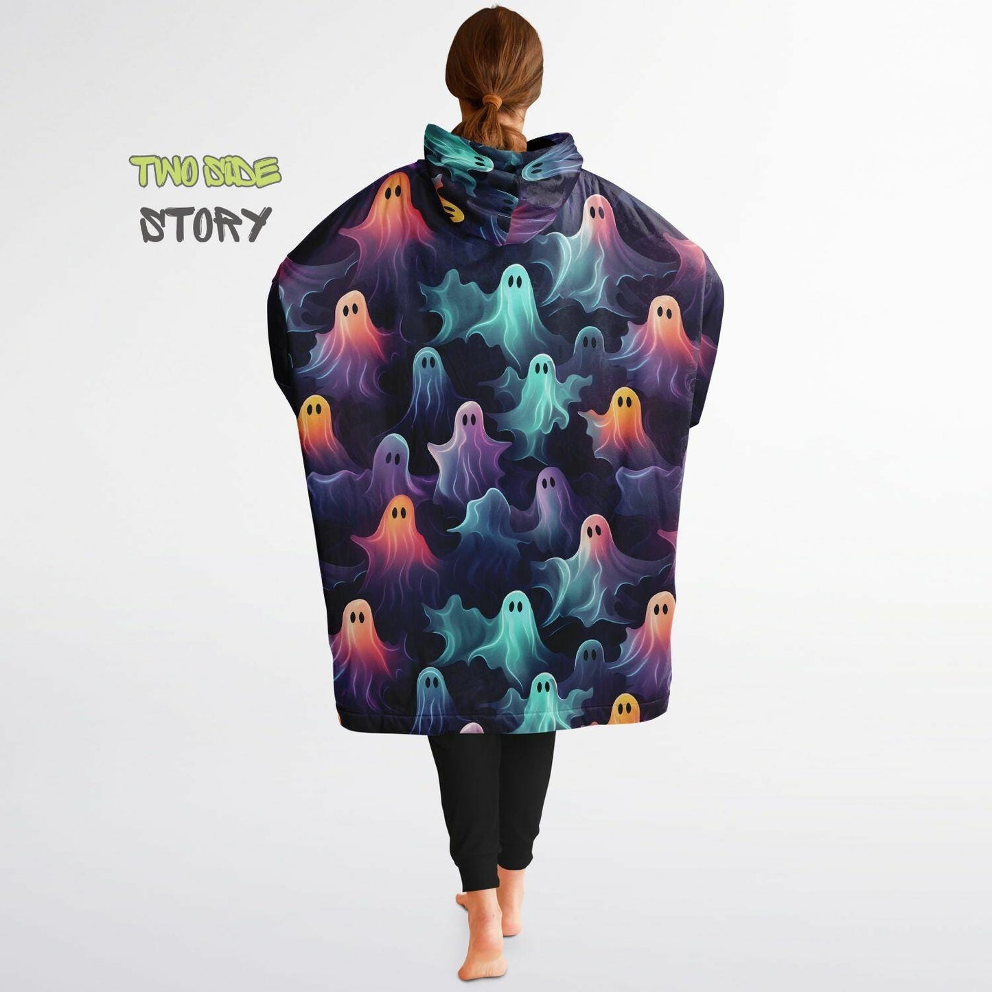 Fun Halloween Neon Ghosts Snug Hoodie,Printed Hooded Blanket,Blanket Sleeves,Lounge Wear,Novelty Birthday Christmas Gifts for Him or Her