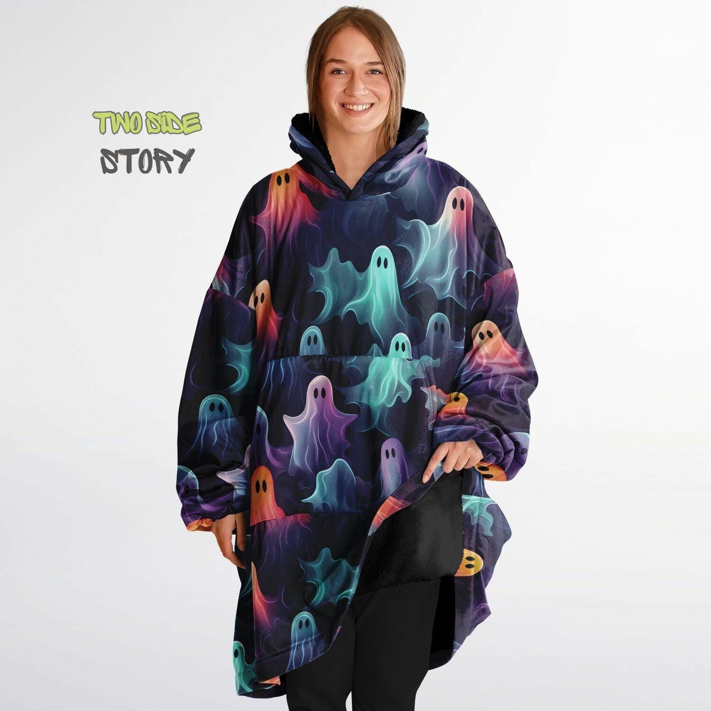 Fun Halloween Neon Ghosts Snug Hoodie,Printed Hooded Blanket,Blanket Sleeves,Lounge Wear,Novelty Birthday Christmas Gifts for Him or Her