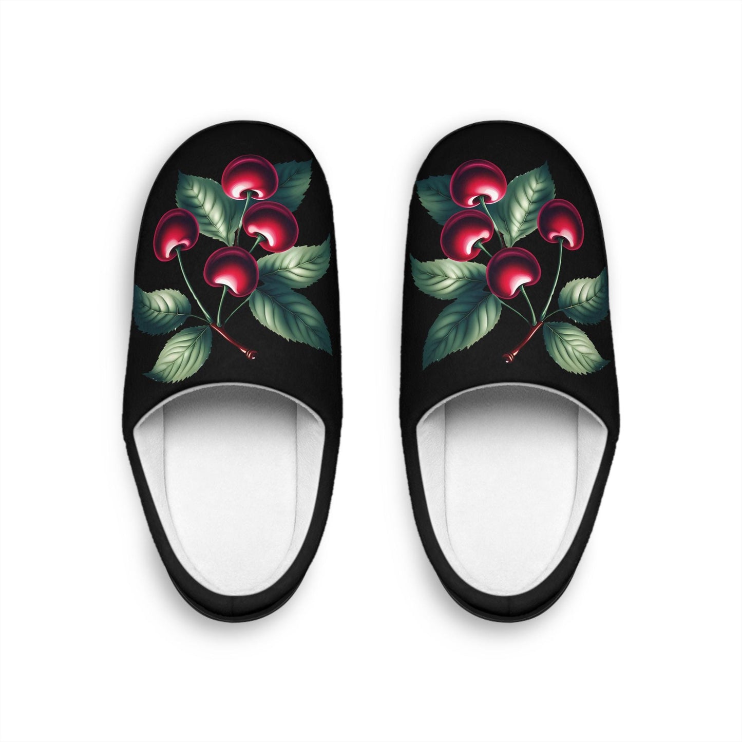 Indoor Slippers, Dark Red Cherry Toile Design, Women's House Shoes, Velvety Look, French Cherry Slipper, Fruit Slippers, Blackslipper