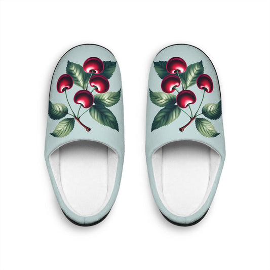 Women's Houseslipper MintGreen Color Cherry Toile Women'sSlippers Dark Redcherry SoftFleece Houseshoes Slippers, Anti-Skid CozyHouseShoes