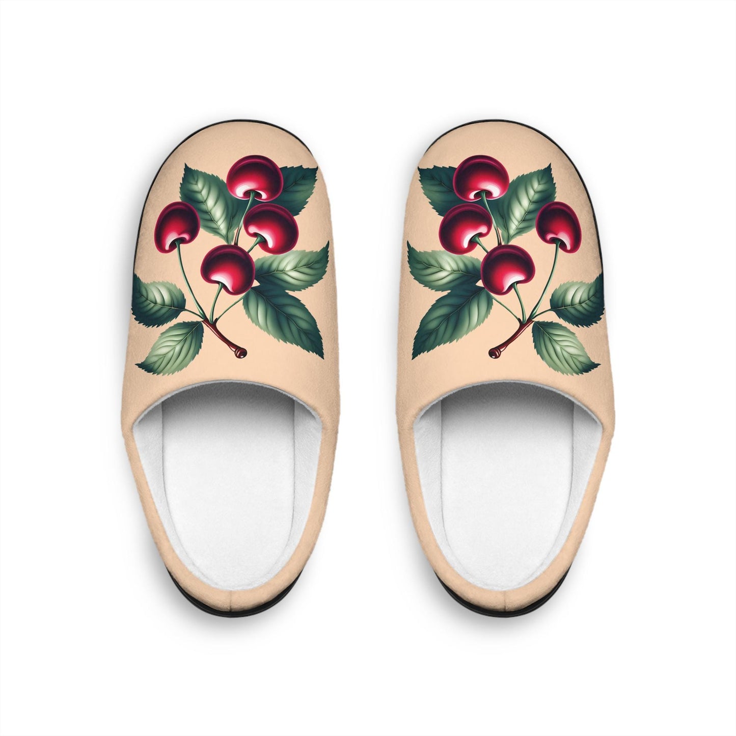 Peachy-Colored Women's Slippers with Dark Red Cherry Toile Design | Soft Fleece, Anti-Skid Black Rubber Soles | Cozy and Stylish HouseShoes
