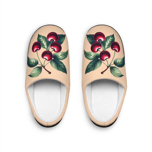 Peachy-Colored Women's Slippers with Dark Red Cherry Toile Design | Soft Fleece, Anti-Skid Black Rubber Soles | Cozy and Stylish HouseShoes
