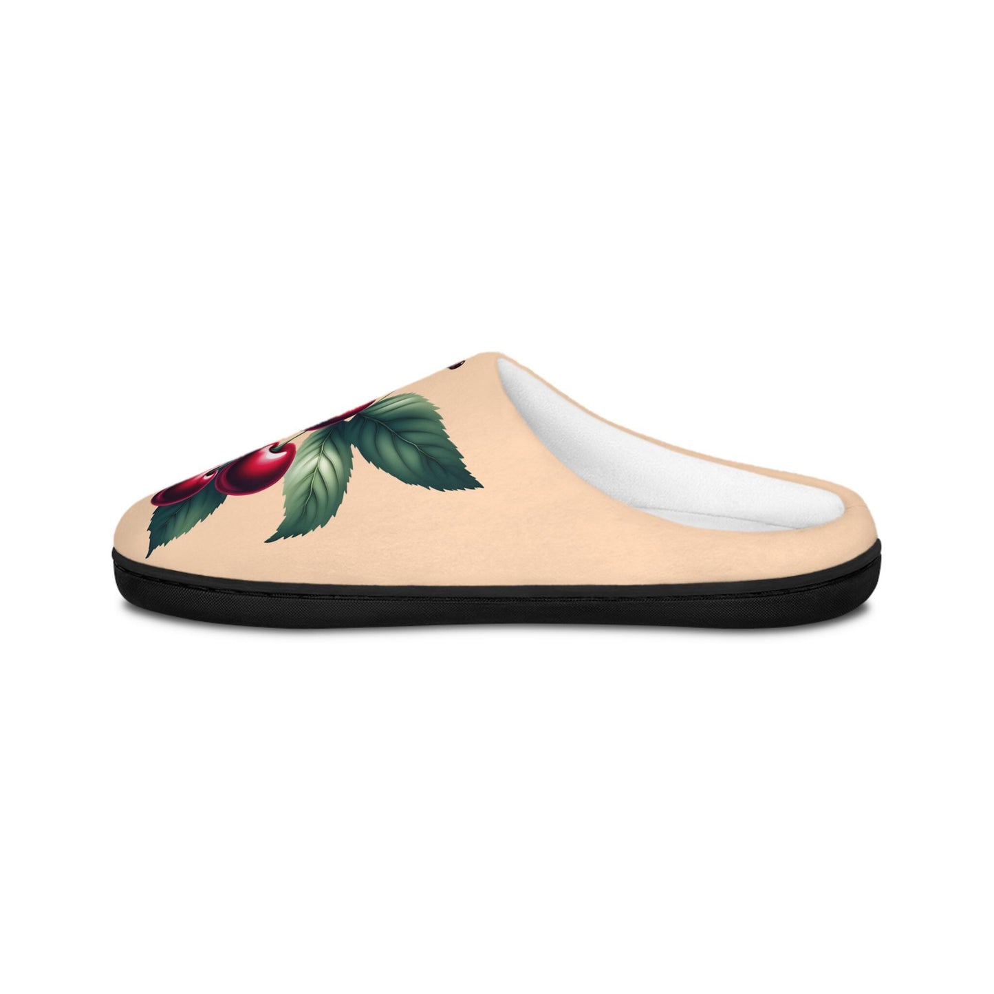 Peachy-Colored Women's Slippers with Dark Red Cherry Toile Design | Soft Fleece, Anti-Skid Black Rubber Soles | Cozy and Stylish HouseShoes
