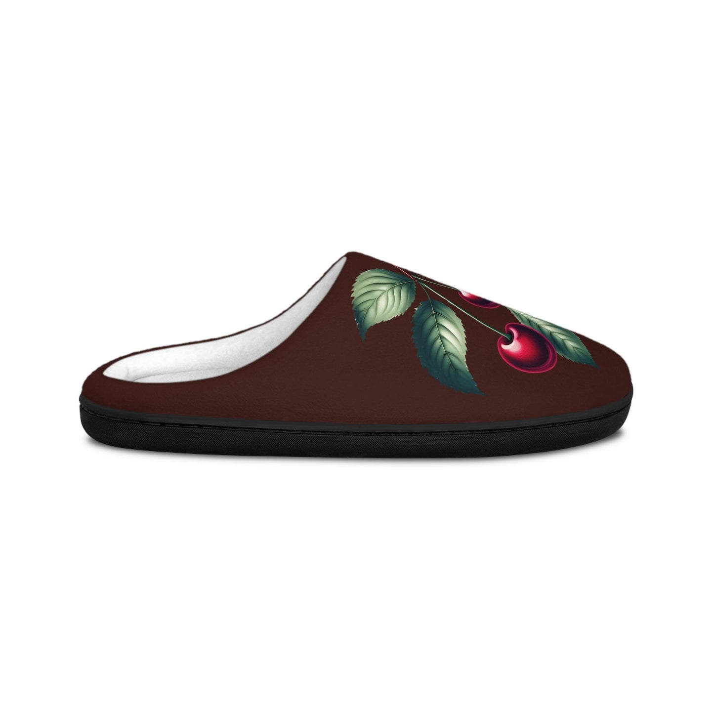 Women'sSlippers Chocolatebrown Dark Redcherry Design w/ Greenleaves Gift-for-mom Gift-for Grandma Gift For Dessertlover Gift For Fruitlovers