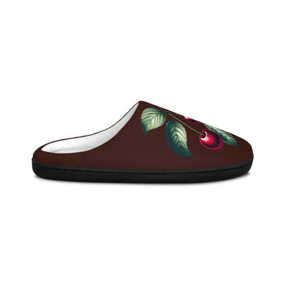 Women'sSlippers Chocolatebrown Dark Redcherry Design w/ Greenleaves Gift-for-mom Gift-for Grandma Gift For Dessertlover Gift For Fruitlovers