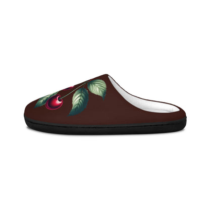 Women'sSlippers Chocolatebrown Dark Redcherry Design w/ Greenleaves Gift-for-mom Gift-for Grandma Gift For Dessertlover Gift For Fruitlovers