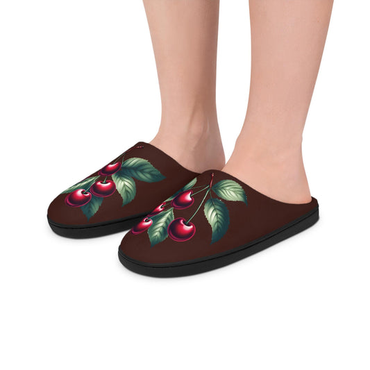Women'sSlippers Chocolatebrown Dark Redcherry Design w/ Greenleaves Gift-for-mom Gift-for Grandma Gift For Dessertlover Gift For Fruitlovers