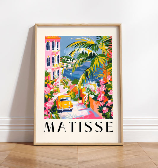 Matisse print, Coastal town poster, Pink beachy decor, Summer vibes, Vintage car wall art
