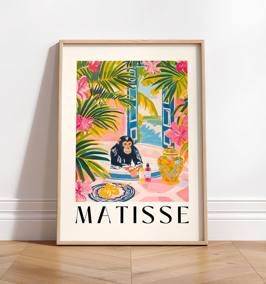 Matisse print, Chimpanzee in bathtub funny poster, Pink dopamine decor, Maximalist poster, Tropical wall art