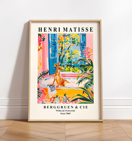 Kangaroo in bathtub art print, Dopamine art, Funny Matisse poster, Pink tropical bathroom decor