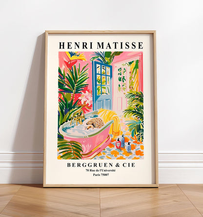 Hedgehog in bathtub art print, Dopamine decor, Matisse print, Bathroom wall art, Pink tropical poster