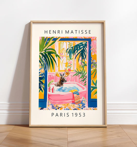 Pink dopamine decor for bathroom, Moose in bathtub funny poster, Tropical wall art, Animal art print