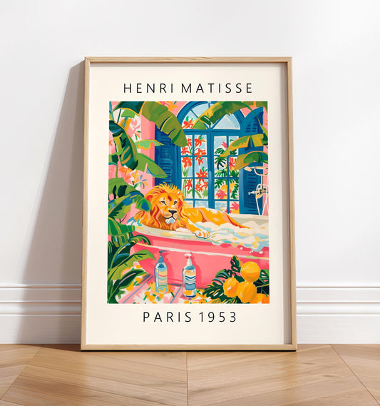 Lion in bathtub poster, Matisse poster, Pink bathroom decor, Animal wall art, Funky decor, Safari art print