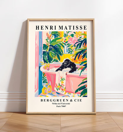 Gorilla in bathtub funny poster, Matisse art print, Maximalist decor, Pink bathroom decor, Animal art print