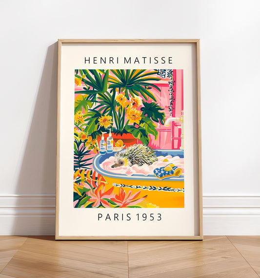Hedgehog in Bathtub Art Print: Matisse Style Maximalist Decor