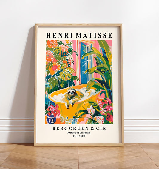 Sloth in bathtub art print, Matisse print, Bathroom poster, Pink tropical wall art, Animal print