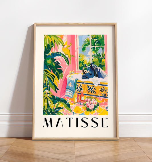 Rhino print, Pink tropical decor, Matisse poster, Bathroom wall art, Safari animal print