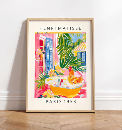 Rooster in bathtub art print, Pink farm decor, Cowgirl print, Bathroom wall art, Matisse poster, Bird art print
