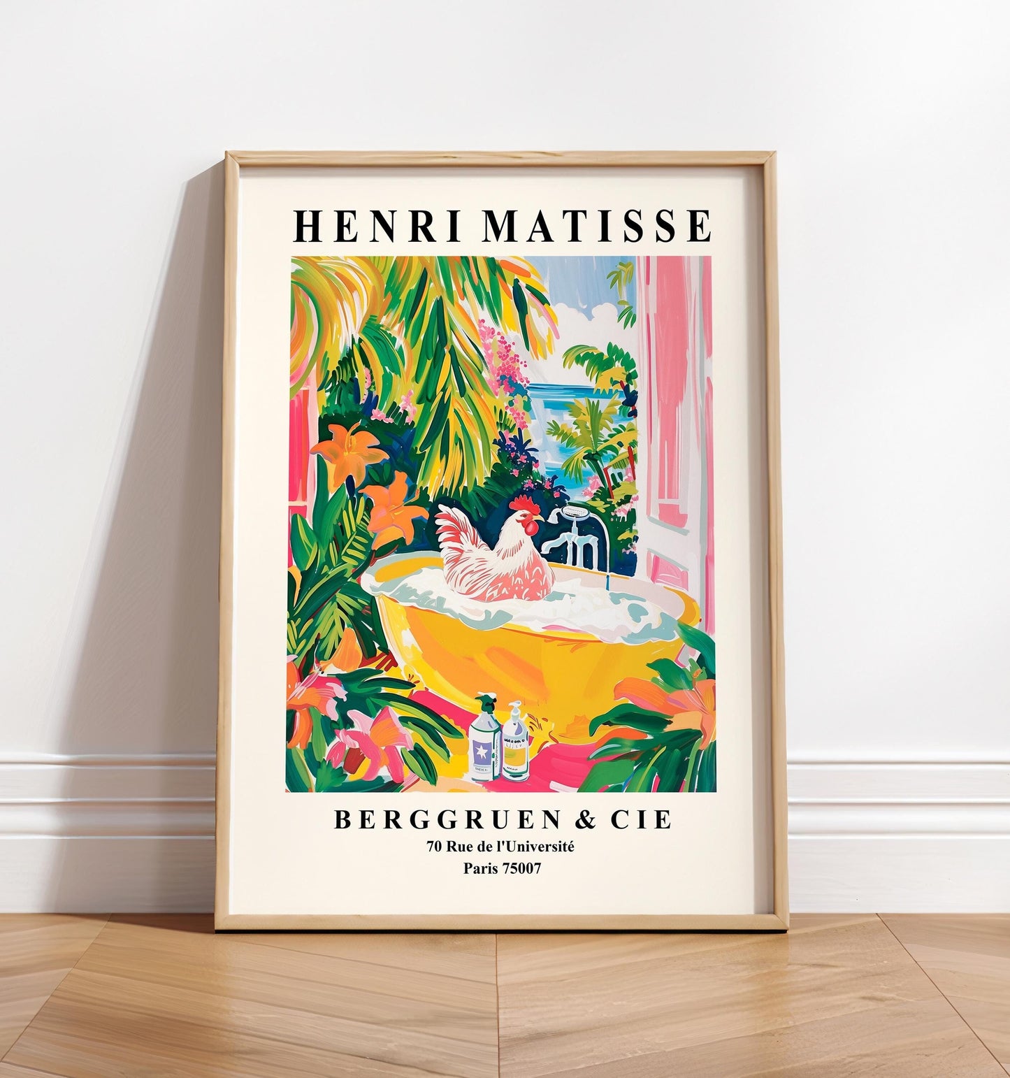 Rooster art print, Bathroom decor, Pink farm wall art, Cowgirl print, Matisse print, Bird poster