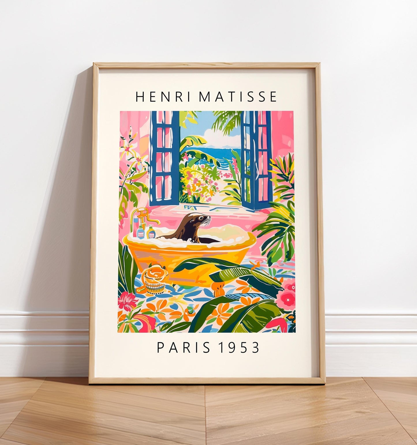 Sea lion in bathtub funny poster, Matisse art, Pink tropical decor, Bathroom wall art, Beach house print