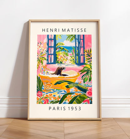 Sea lion in bathtub funny poster, Matisse art, Pink tropical decor, Bathroom wall art, Beach house print