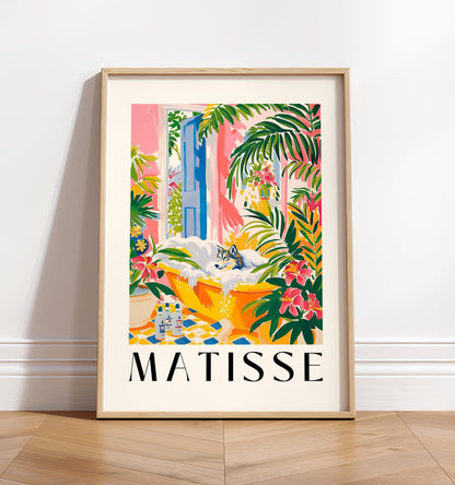 Wolf in bathtub funny poster, Matisse art print, Mid century art, Pink tropical bathroom decor