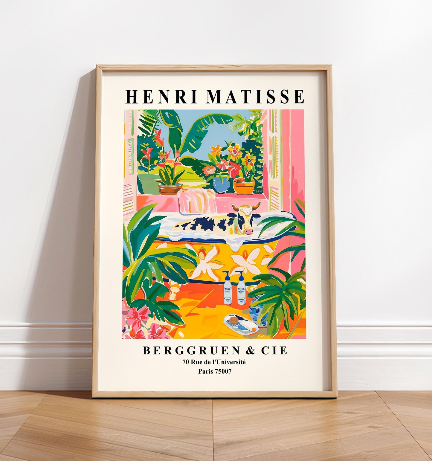 Pink farm decor, Cow in bathtub art print, Rustic decor, Bathroom poster, Matisse art print, Animal art