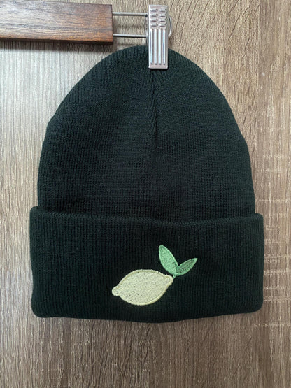 Embroidered Cute LEMON Beanie, Yellow Lemon Green Leaf Winter Hat, Cute Garden Beanie, Nature Plant Lime Winter Hat, Pastel Fruit Cute Gift