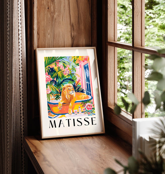 Cute lion print, Pink bathroom decor, Matisse poster, Animal wall art, Funky decor, Safari art print