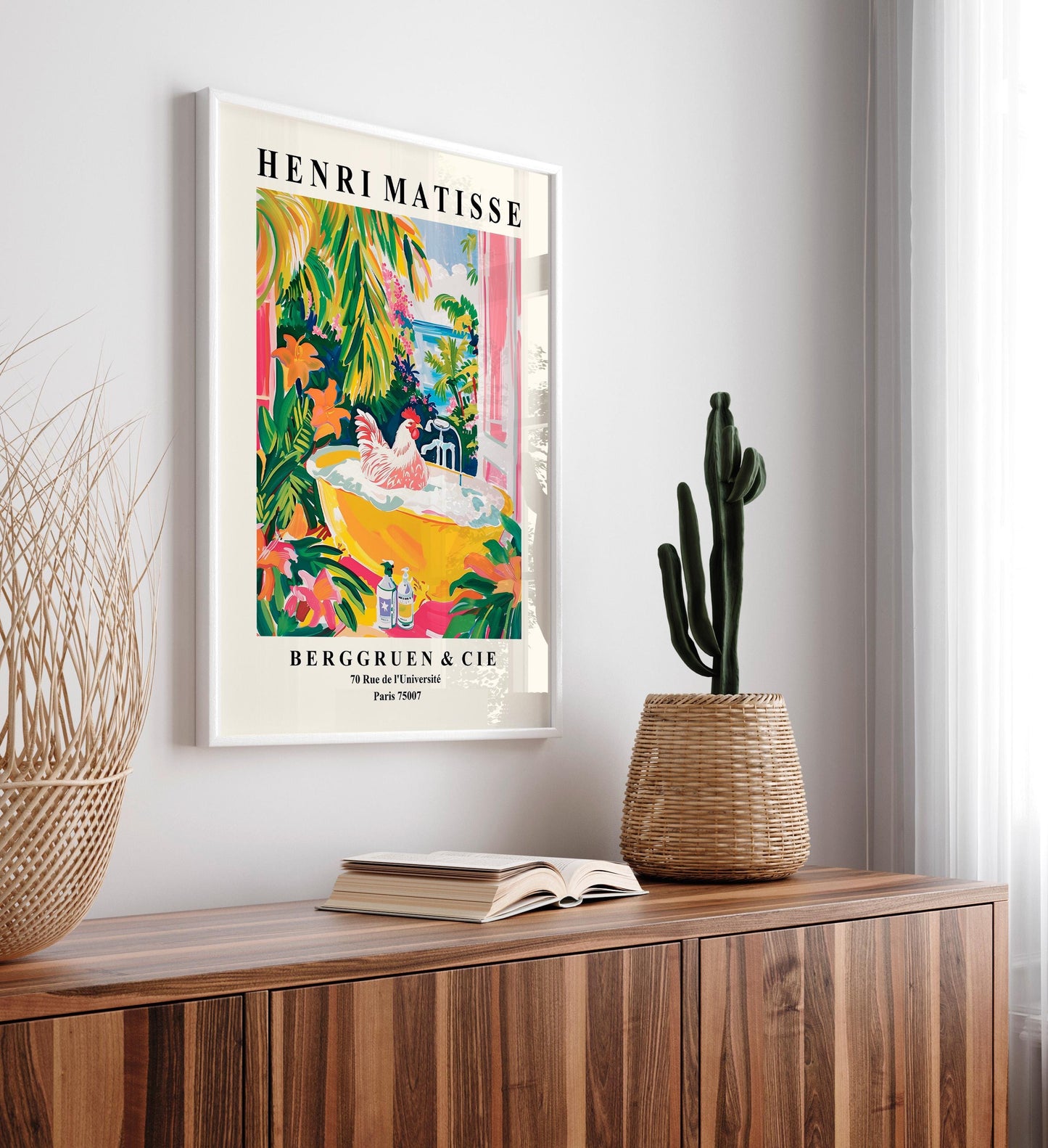 Rooster art print, Bathroom decor, Pink farm wall art, Cowgirl print, Matisse print, Bird poster