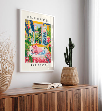 Rhino in bathtub art print, Matisse poster, Bathroom decor, Pink tropical wall art, Safari animal print