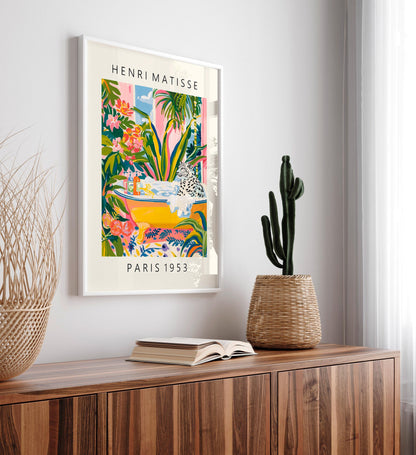 Snow leopard art print, Matisse poster, Pink wall art, Bathroom decor, Mediterranean art