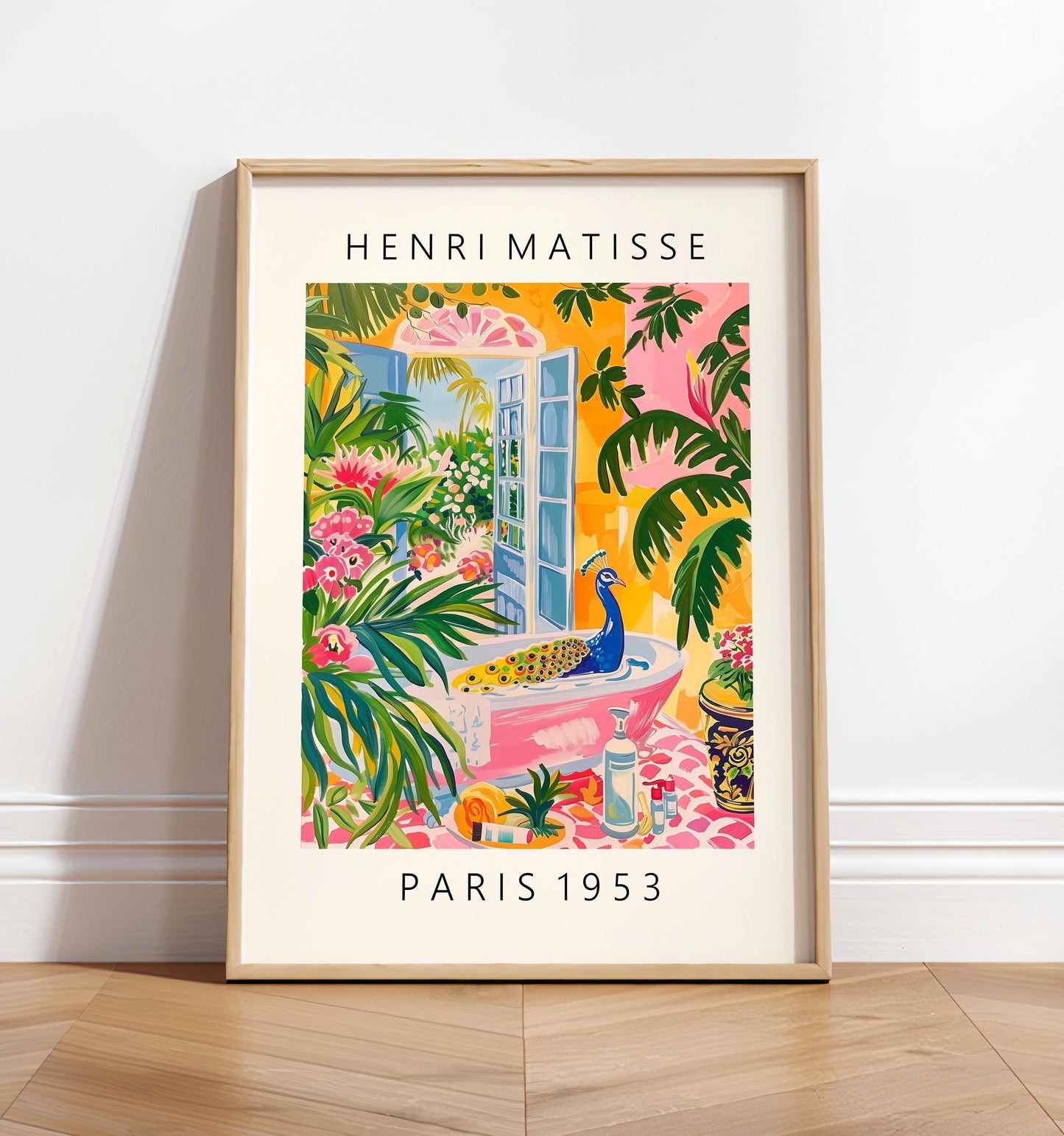 Peacock in bathtub art print, Pink maximalist decor, Matisse poster, Tropical print, Bathroom wall art, Bird art print