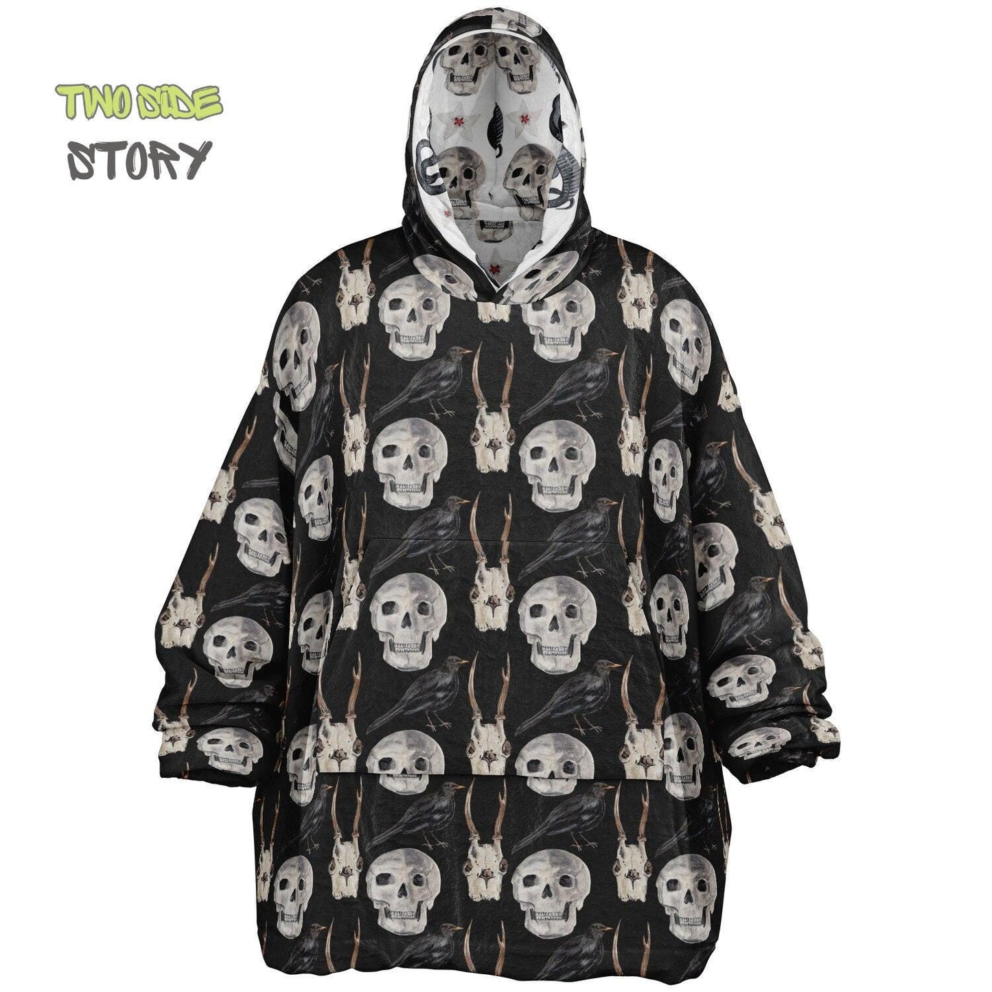 Skulls Print Reversible Adult Snug Hoodie,Haloween Printed Oversized Double Sided Hoodie Blanket,Warm Blanket with Sleeves,Unique Gift