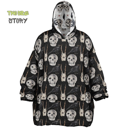 Skulls Print Reversible Adult Snug Hoodie,Haloween Printed Oversized Double Sided Hoodie Blanket,Warm Blanket with Sleeves,Unique Gift