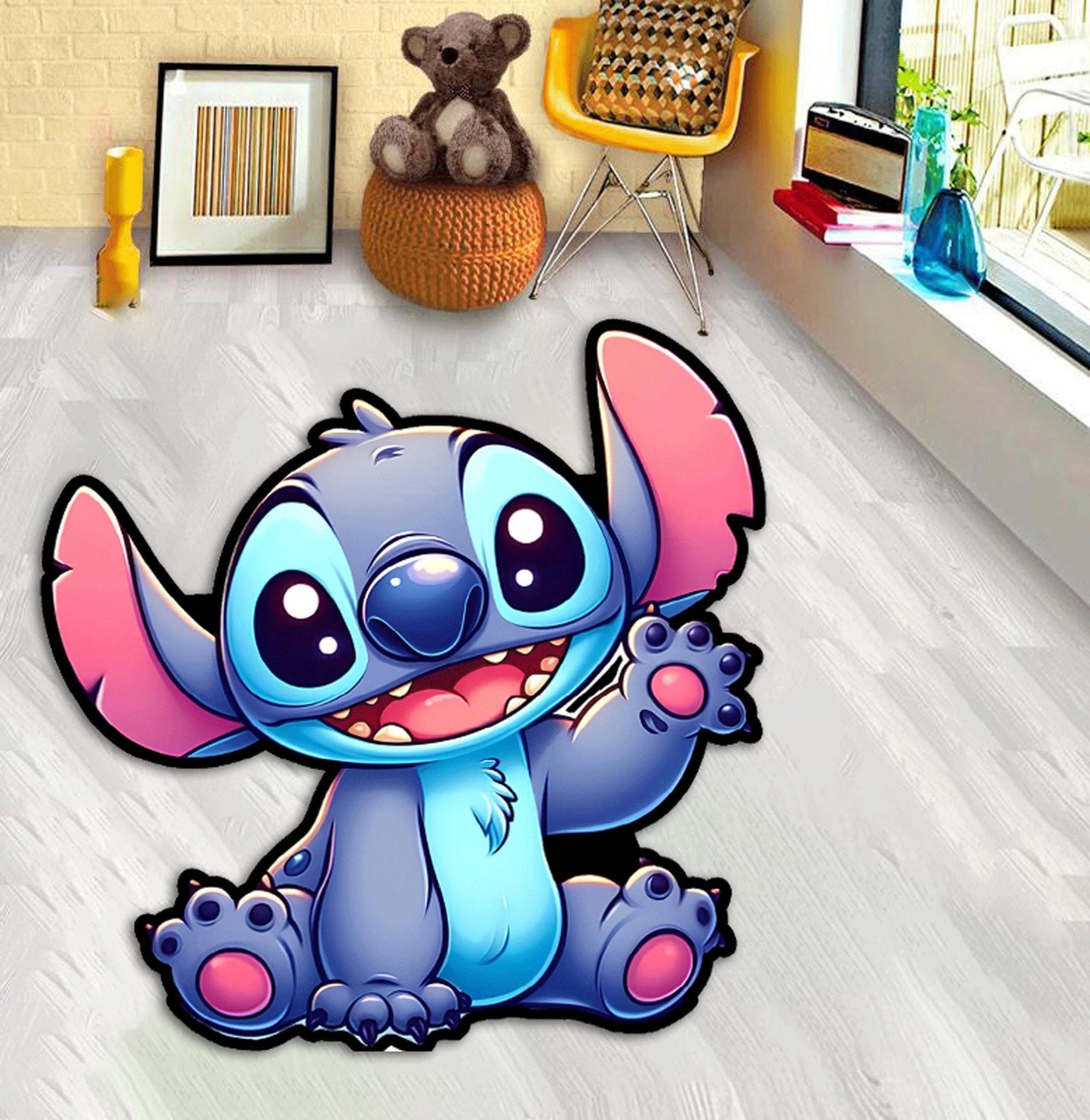 Angel and stitch love, Donut eating stitch, Motorcycle stitch, Stitch rug,stitch game, Strawberry milkshake drinking stitch, Custom rug
