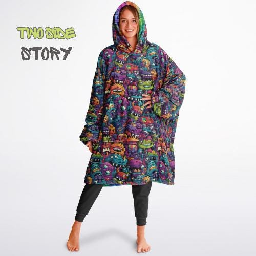 Unisex Reversible Snug Hoodie,Monsters Psychedelic Autumn Reversible Hoodie Blanket,Festival Rave Party Wear,Oversized Hoodie Blanket, Gifts