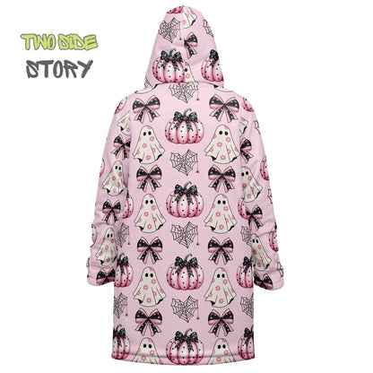 Fun Bow Halloween Print Microfleece Zipper Jacket,Unisex Coquette Hoodie Cloak, Creative Gift for Her, Unique Gift, Christmas Birthday Gifts