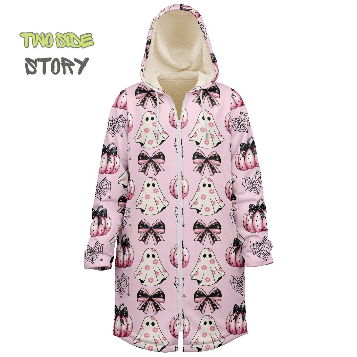 Fun Bow Halloween Print Microfleece Zipper Jacket,Unisex Coquette Hoodie Cloak, Creative Gift for Her, Unique Gift, Christmas Birthday Gifts