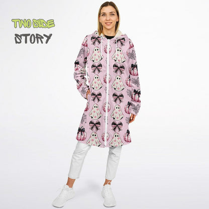 Fun Bow Halloween Print Microfleece Zipper Jacket,Unisex Coquette Hoodie Cloak, Creative Gift for Her, Unique Gift, Christmas Birthday Gifts