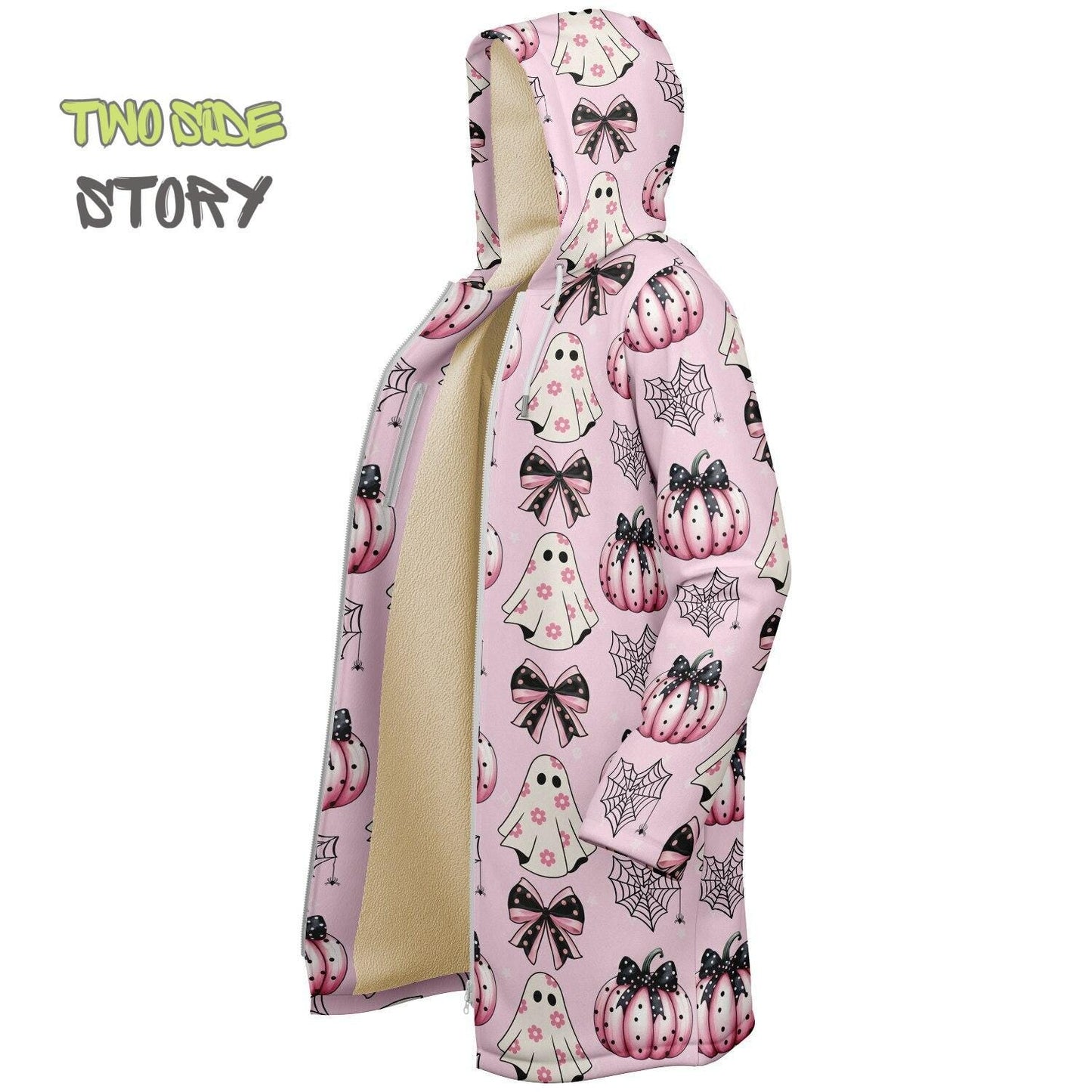 Fun Bow Halloween Print Microfleece Zipper Jacket,Unisex Coquette Hoodie Cloak, Creative Gift for Her, Unique Gift, Christmas Birthday Gifts