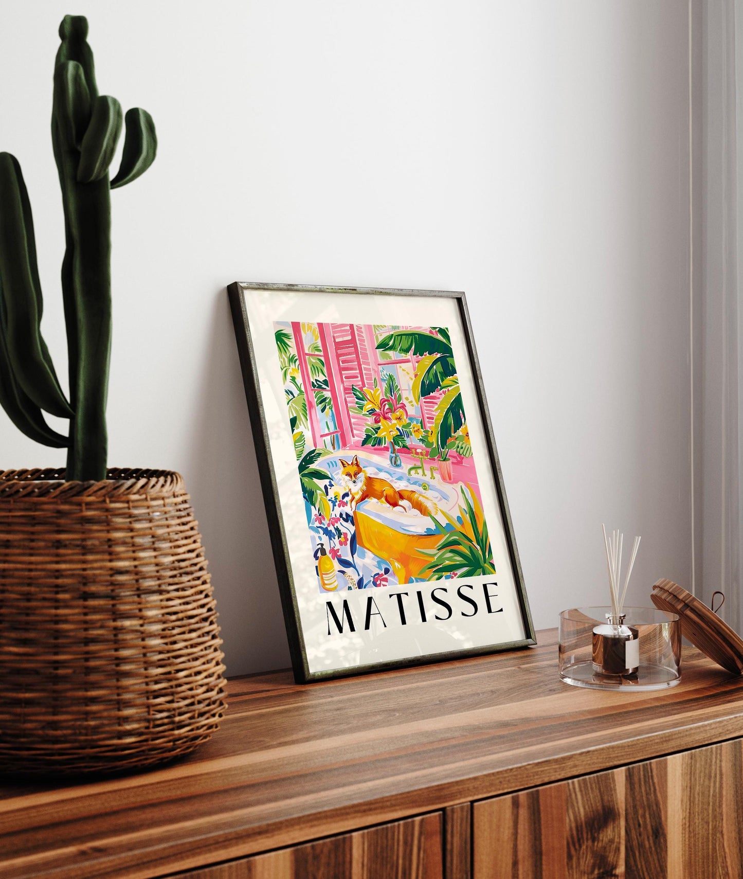 Fox in bathtub inspired by Matisse art, Pink tropical bathroom decor, Mid century wall art, Funny poster
